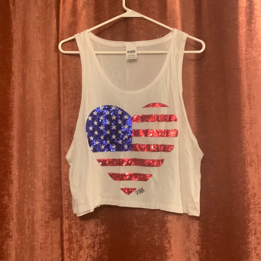 White American flag sequin VS Pink medium crop top. No defects.
